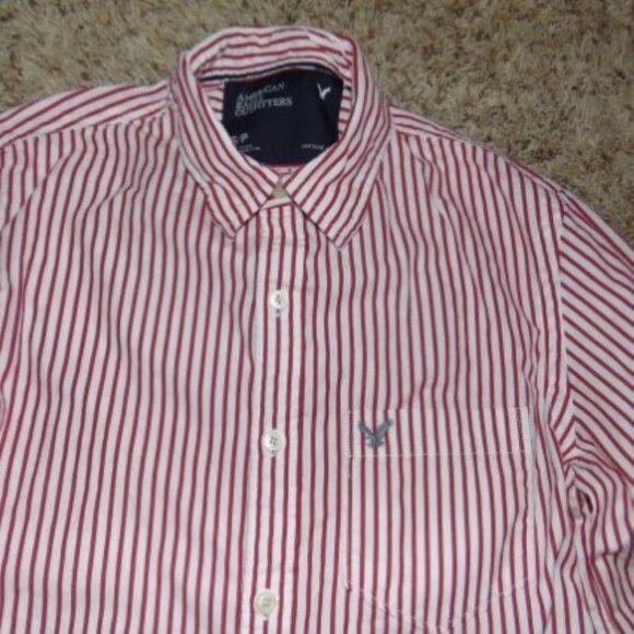 Mens American Eagle Sport Shirt Small Red White Stripe Long Sleeve Button Front - Picture 3 of 6